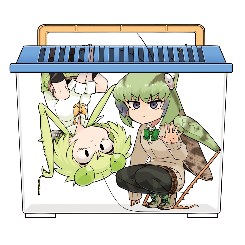 2girls, :/, absurdres, antennae, arthropod_girl, beige_sweater, black_eyes, black_socks