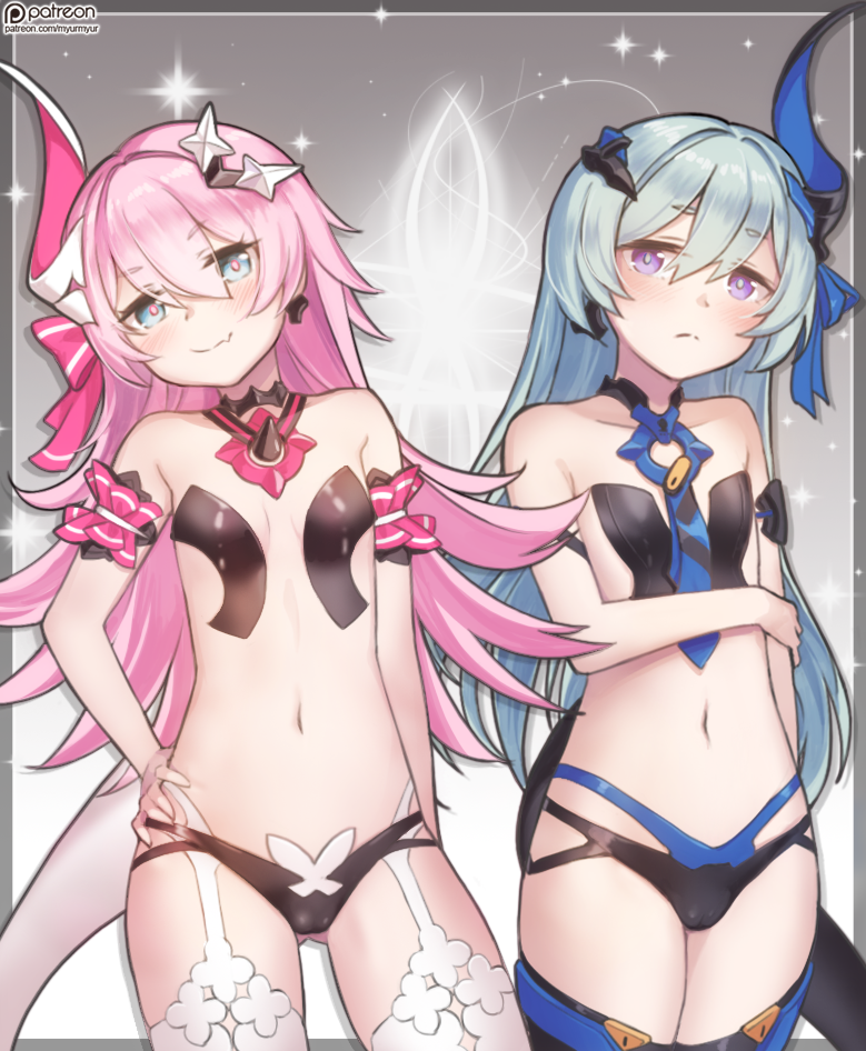 2girls, artist_name, bad_id, bad_pixiv_id, bare_shoulders, black_gloves, black_legwear, black_panties