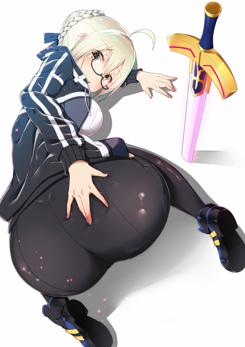 1girl, all_fours, artoria_pendragon_(fate), ass, bike_shorts, black_jacket, black_shoes, black_thighhighs