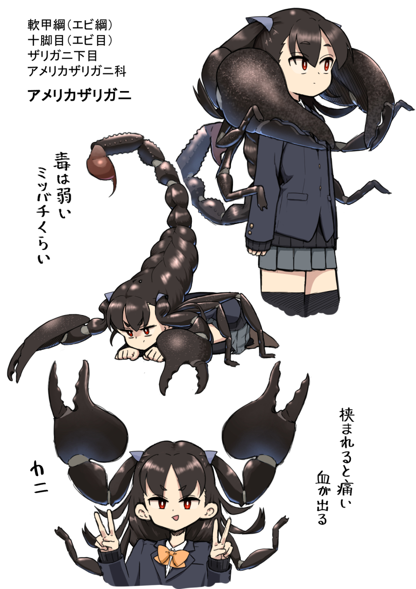 1girl, :/, :d, all_fours, arthropod_girl, black_hair, black_jacket, black_sweater, black_thighhighs, braid, reference_sheet, commentary, dot_nose, double_v, evolvingmonkey, full_body, grey_skirt, half_updo, highres, jacket, long_sleeves, monster_girl, multiple_views, open_mouth, original, parted_bangs, partially_translated, pleated_skirt, red_eyes, school_uniform, scorpion, scorpion_tsuchida, short_eyebrows, skirt, sleeves_past_wrists, smile, sweater, thick_eyebrows, thighhighs, translation_request, twintails, two_side_up, v