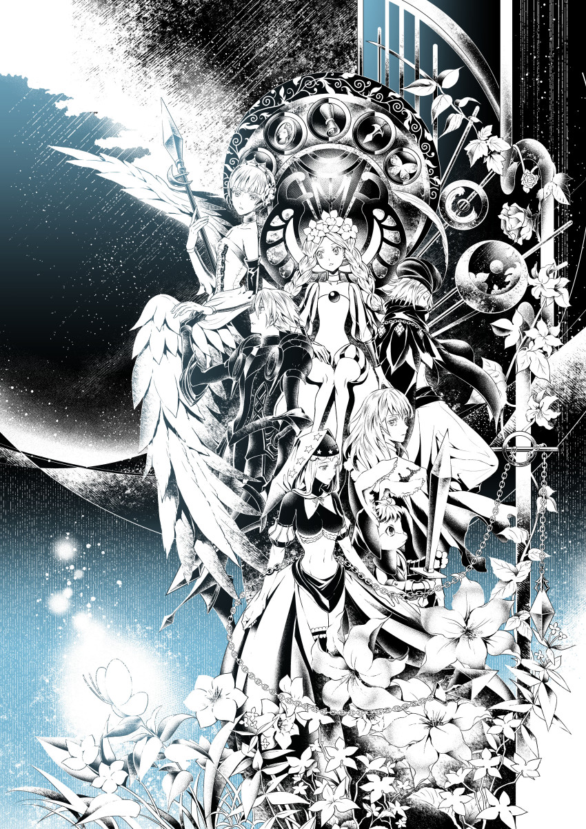 3boys, 3girls, absurdres, alternate_form, amao_miyuki, armor, bird_wings, blue_theme, bow, braid, breastplate, breasts, bug, butterfly, butterfly_wings, cape, capelet, chain, chain_whip, choker, closed_eyes, coin, commentary, cornelius_(odin_sphere), crescent, crescent_moon, crown, crystal, dark_sky, dress, elbow_gloves, flower, frills, gauntlets, gloves, gold, greaves, greyscale, greyscale_with_colored_background, gwendolyn_(odin_sphere), hat, hat_feather, head_wreath, highres, holding, holding_weapon, hood, ingway_(odin_sphere), insect, insect_wings, large_breasts, leaf, legs_together, long_hair, looking_at_another, mercedes_(odin_sphere), money, monochrome, moon, multiple_boys, multiple_girls, odin_sphere, open_mouth, oswald_(odin_sphere), petals, plant, polearm, pooka_(odin_sphere), puffy_pants, puffy_shorts, puffy_sleeves, ribbon, rose, scroll, short_hair, short_sleeves, shorts, sitting, skirt, sky, spear, stamen, star_(sky), star_(symbol), starry_sky, straight_hair, strapless, strapless_dress, sword, valkyrie, velvet_(odin_sphere), vines, weapon, wings