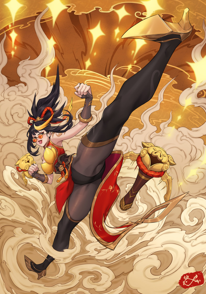 1girl, absurdres, black_eyes, black_gloves, black_hair, black_leotard, blonde_hair, boots, bow_(weapon), china_dress, chinese_clothes, citemer, crossbow, dress, eyeshadow, female_focus, firecracker_vayne, glasses, gloves, gold, gold_boots, gold_trim, high_heels, highres, kicking, knee_boots, league_of_legends, leotard, looking_over_eyewear, looking_over_glasses, makeup, multicolored_hair, orange-tinted_eyewear, orange-tinted_glasses, pantyhose, pig, ponytail, red_lips, signature, smoke, solo, sunglasses, tight_clothes, tinted_eyewear, tongue, tongue_out, vayne_(league_of_legends), weapon
