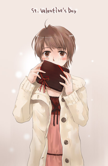 00s, 1girl, azuma_shouko, blush, brown_eyes, brown_hair, fate/stay_night, fate_(series), female_focus, fujimura_taiga, gift, short_hair, solo, valentine