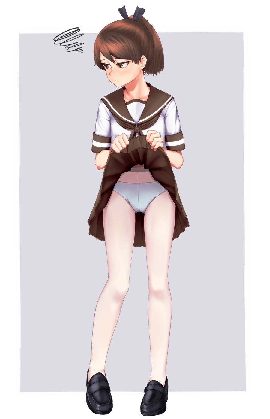 1girl, black_shoes, brown_eyes, brown_hair, brown_sailor_collar, brown_skirt, crotch_seam, female_focus