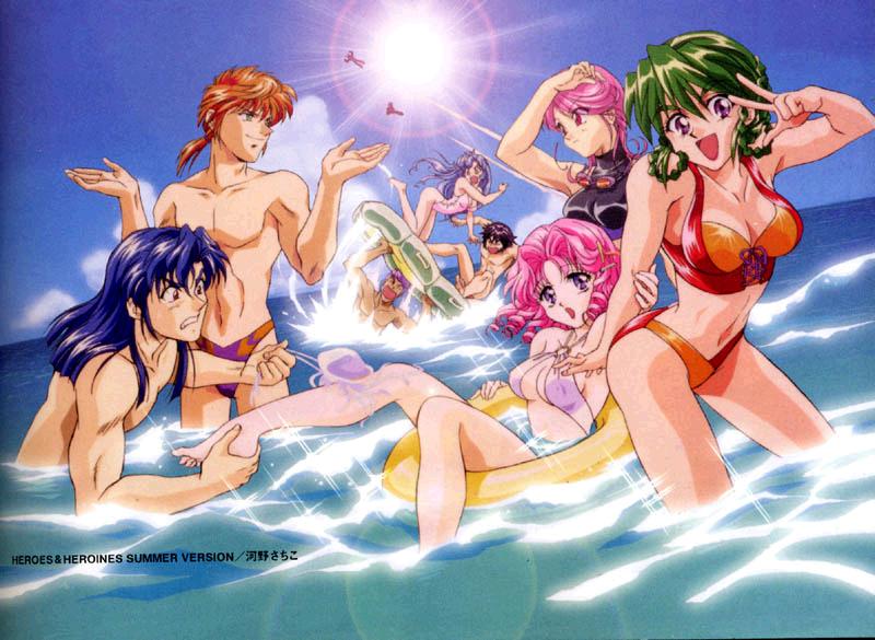 4boys, 4girls, arwynn_dorstein, banpresto, barefoot, bikini, breasts, cleavage, day, grace_urigin, hector_madison, irmgult_kazahara, jellyfish, jpeg_artifacts, large_breasts, lenonjayce_starlord, lens_flare, lyn_mao, medium_breasts, mina_likering, multiple_boys, multiple_girls, ocean, patricia_hackman, ring_mao, super_robot_wars, super_robot_wars_f, swimsuit, water