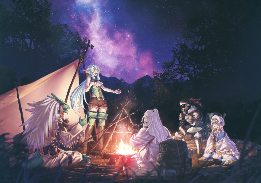 2girls, 3boys, absurdres, armor, beard, blonde_hair, blue_eyes, blush