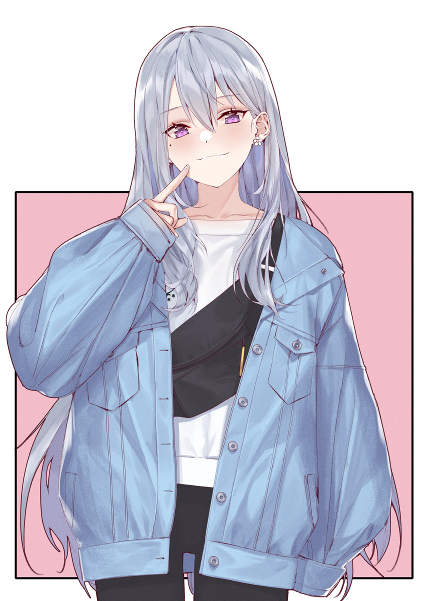 1girl, arm_at_side, bag, black_pants, blue_jacket, blush, breast_pocket, buttons