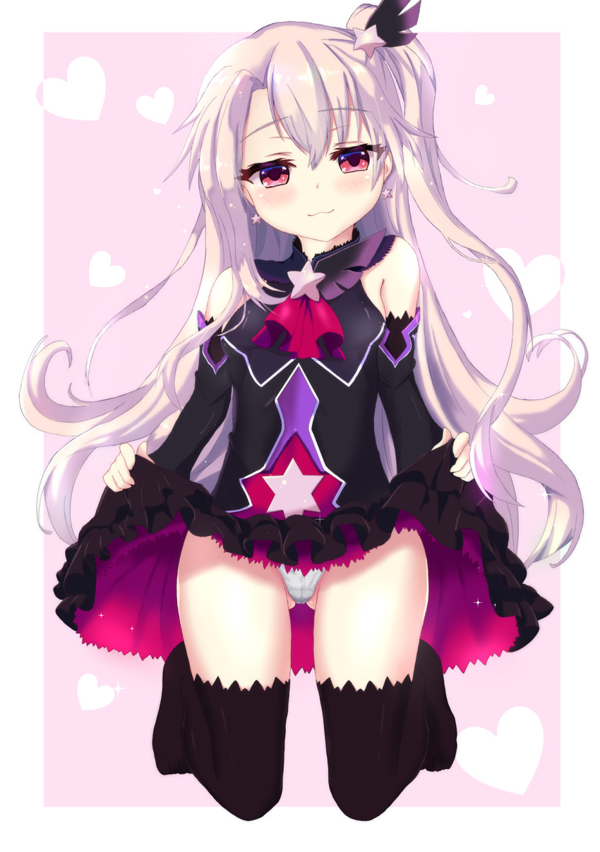 1girl, bare_shoulders, black_dress, black_thighhighs, blush, breasts, closed_mouth, clothes_lift, dress, dress_lift, earrings, fate/grand_order, fate/kaleid_liner_prisma_illya, fate_(series), female_focus, hair_between_eyes, hair_ornament, highres, illyasviel_von_einzbern, jewelry, kneeling, lifting_own_clothes, long_hair, looking_at_viewer, magical_girl, mizoochi_league, panties, prisma_illya, red_eyes, small_breasts, smile, solo, testament_(fate), thighhighs, thighs, underwear, white_hair, white_panties