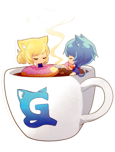 2girls, animal_ears, arm_floats, blonde_hair, blue_hair, blue_one-piece_swimsuit, blush, born-to-die, cat_ears, cat_tail, chibi, closed_eyes, coffee, cup, donut, eating, female_focus, food, full_body, gelbooru, innertube, logo, loli, mini_person, minigirl, multiple_girls, official_art, one-piece_swimsuit, short_hair, simple_background, sitting, smell, straight_hair, swim_ring, swimming, swimsuit, tagme, tail, white_background