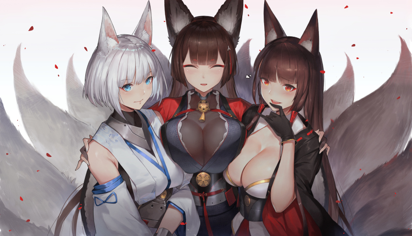3girls, absurdres, akagi_(azur_lane), amagi_(azur_lane), animal_ear_fluff, animal_ears, asymmetrical_docking, azur_lane, black_kimono, blunt_bangs, breast_press, breasts, brown_hair, cleavage, commentary_request, duan_henglong, eyeliner, eyeshadow, fox_ears, fox_girl, fox_tail, gloves, highres, japanese_clothes, kaga_(azur_lane), kaga_(battleship)_(azur_lane), kimono, kitsune, kyuubi, large_breasts, long_hair, looking_at_viewer, makeup, multiple_girls, multiple_tails, partially_fingerless_gloves, red_eyes, red_skirt, skirt, tail, white_hair, white_kimono, wide_sleeves