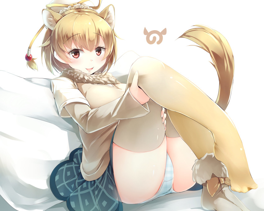1girl, :d, absurdres, animal_ear_fluff, blonde_hair, boots, bun_cover, camel_ears