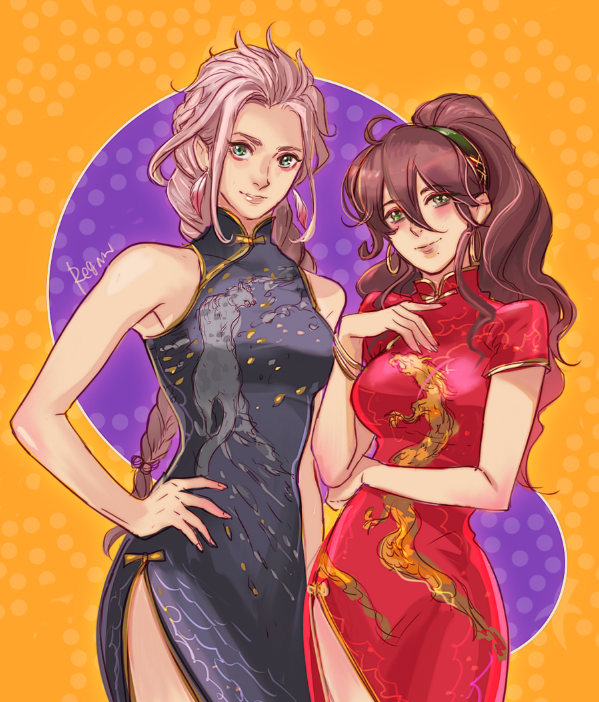 2girls, bad_id, bad_twitter_id, blonde_hair, braid, brown_hair, china_dress, chinese_clothes