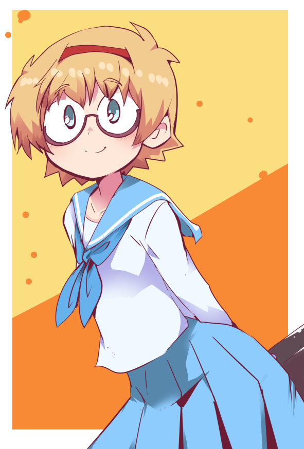 1girl, arms_behind_back, blonde_hair, blue_neckerchief, blue_sailor_collar, blue_skirt, blush, child