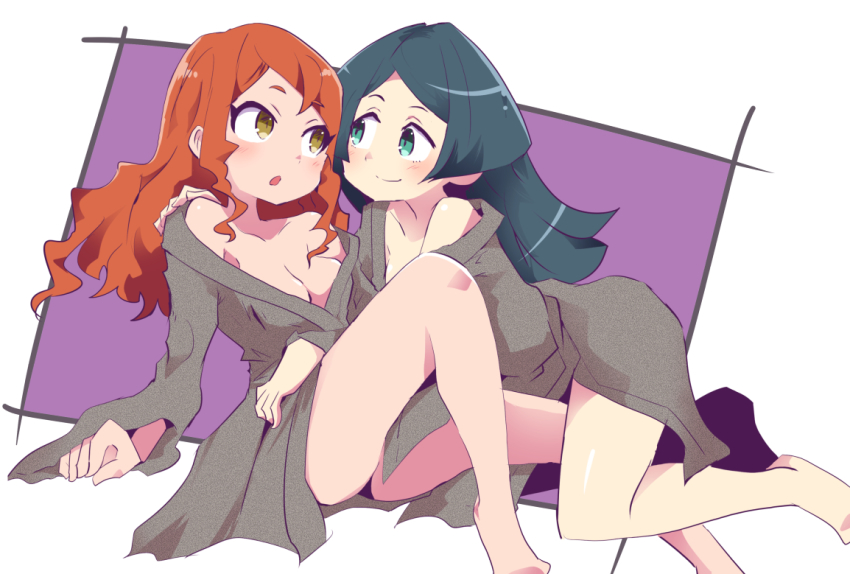 2girls, aqua_eyes, barbara_parker, bare_shoulders, bathrobe, black_hair, blush, breasts