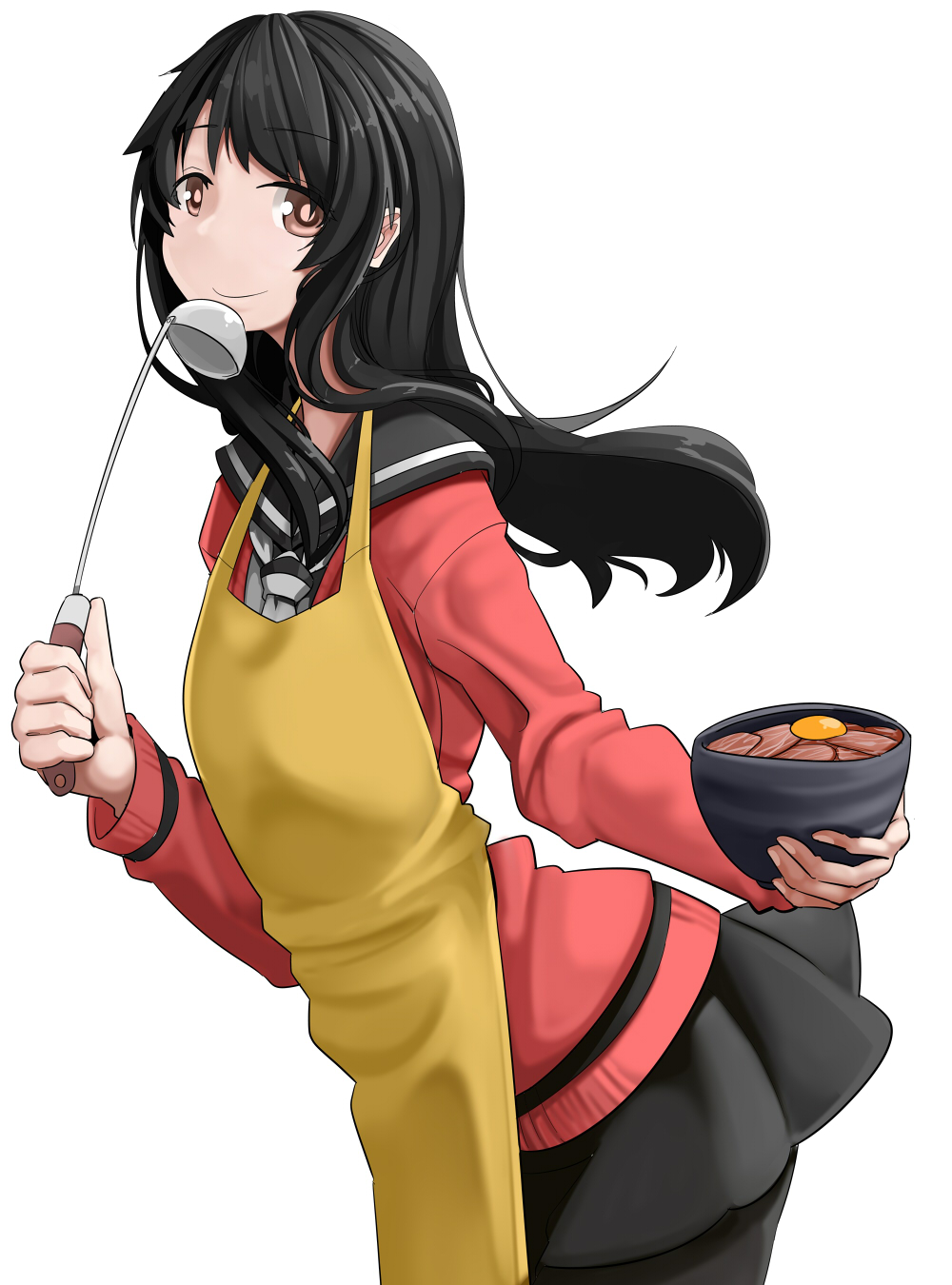 1girl, apron, black_hair, black_pantyhose, black_skirt, bowl, brown_eyes, female_focus