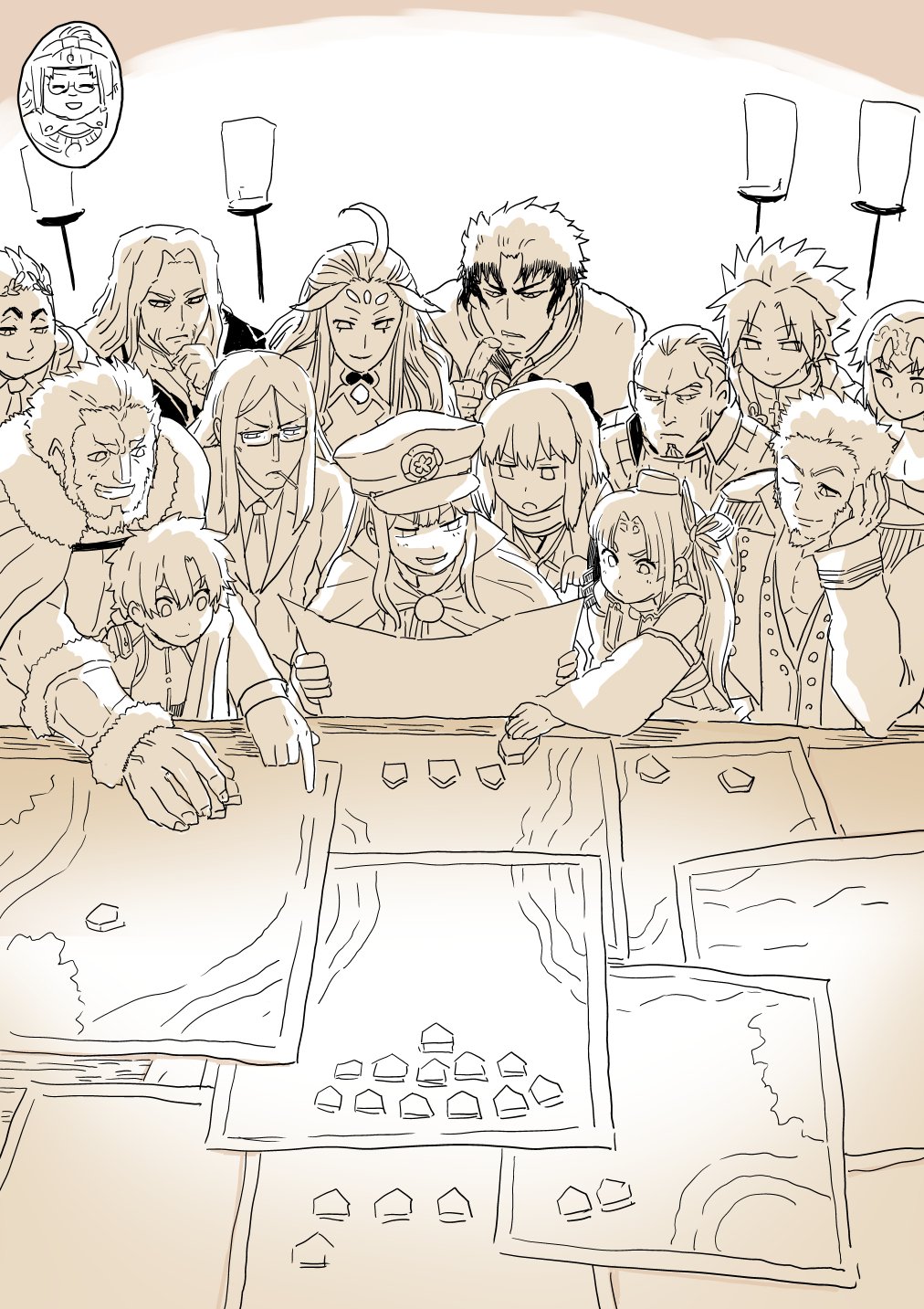 4girls, 6+boys, ahoge, alexander_(fate), amakusa_shirou_(fate), cape, cigarette, crowded, detached_sleeves, epaulettes, fate/grand_order, fate_(series), gaius_julius_caesar_(fate), grin, hair_ornament, han_xin_(fate), hat, highres, hijikata_toshizou_(fate), iskandar_(fate), japanese_clothes, jeanne_d'arc_(fate), jeanne_d'arc_(ruler)_(fate), lamppost, long_sideburns, lord_el-melloi_ii, map, marker, military, military_uniform, mo_(kireinamo), monochrome, multiple_boys, multiple_girls, napoleon_bonaparte_(fate), necktie, oda_nobunaga_(fate), oda_nobunaga_(koha-ace), okita_souji_(fate), okita_souji_(koha-ace), shi_huang_di_(fate), sideburns, smile, table, tokin_hat, trait_connection, ushiwakamaru_(fate), vlad_iii_(fate/apocrypha), waver_velvet, yagyuu_munenori_(fate)