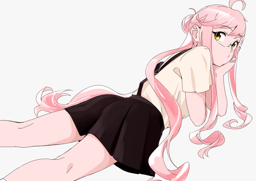 1girl, ahoge, beige_shirt, black_skirt, casual, cowboy_shot, double_bun, female_focus, from_behind, glasses, grey_background, hair_bun, highres, kantai_collection, looking_at_viewer, looking_back, lying, makigumo_(kancolle), makigumo_(ruysdael)_(kancolle), ojipon, on_stomach, pink_hair, simple_background, skirt, solo, suspender_skirt, suspenders, twintails, yellow_eyes