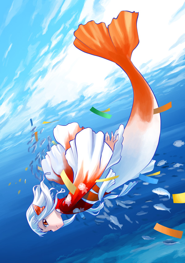 1girl, blue_background, diving, female_focus, fins, fish, flat_chest, from_side, head_fins, hirai_yukio, japanese_clothes, kimono, kneeless_merfolk, koi, light_smile, looking_at_viewer, merfolk, mermaid, monster_girl, ningyo, ocean, red_eyes, short_hair, smile, solo, swimming, underwater, water, white_hair, wide_sleeves