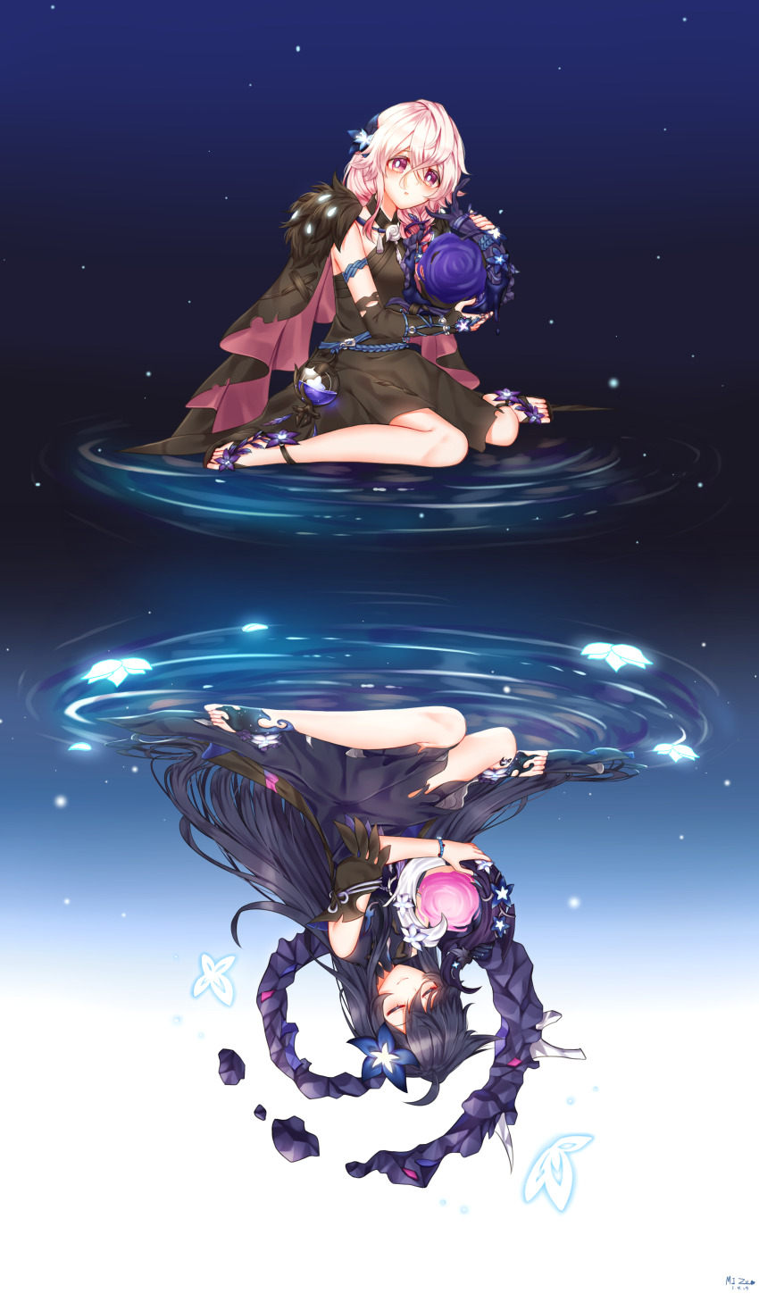 2girls, absurdres, bad_id, bad_pixiv_id, bug, butterfly, daydreamer_(elsword), elsword, closed_eyes, glowing, highres, holding, holding_mirror, insect, laby_(elsword), mirror, multiple_girls, nisha_(elsword), nisha_labyrinth_(elsword), nuemi_(namja2012), role_reversal, smile, water