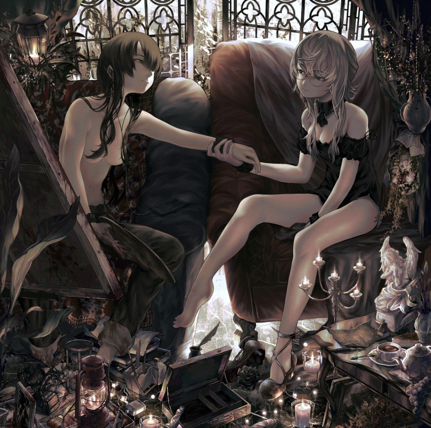 2girls, absurdly_detailed_composition, angel_statue, armchair, atsuki0814, barefoot, black_dress, black_footwear