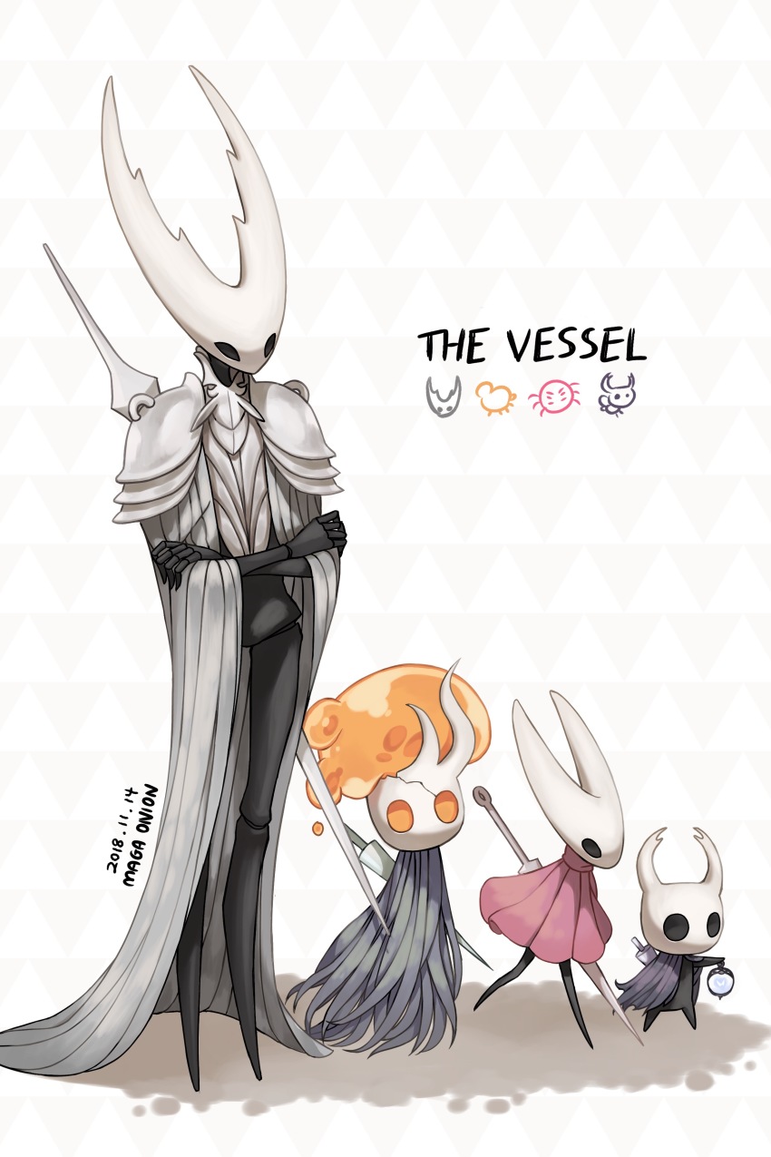 1girl, 3others, absurdres, armor, broken_vessel_(hollow_knight), cape, crossed_arms, dated, glowing, glowing_eyes, highres, holding, holding_behind_back, holding_sword, holding_sword_behind_back, holding_weapon, holding_weapon_behind_back, hollow_eyes, hollow_knight, hollow_knight_(character), hornet_(hollow_knight), knight_(hollow_knight), lantern, maga_(comicfans100), multiple_others, nail_(hollow_knight), needle_(hollow_knight), painting_(medium), pure_vessel, shoulder_armor, signature, simple_background, spoilers, sword, traditional_media, watercolor_(medium), weapon