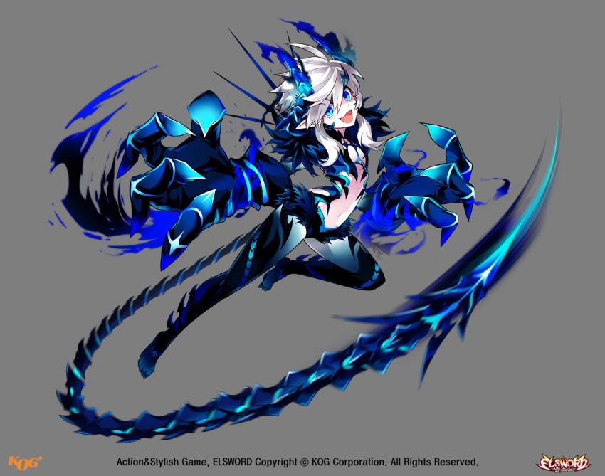 1girl, :d, asymmetrical_clothes, blue_eyes, claws, elsword, female_focus, full_body, horns, hwansang, iblis_(elsword), leg_lift, legs, long_hair, looking_at_viewer, luciela_r._sourcream, official_art, open_mouth, pointy_ears, single_pantsleg, smile, solo, tail, tattoo, white_hair