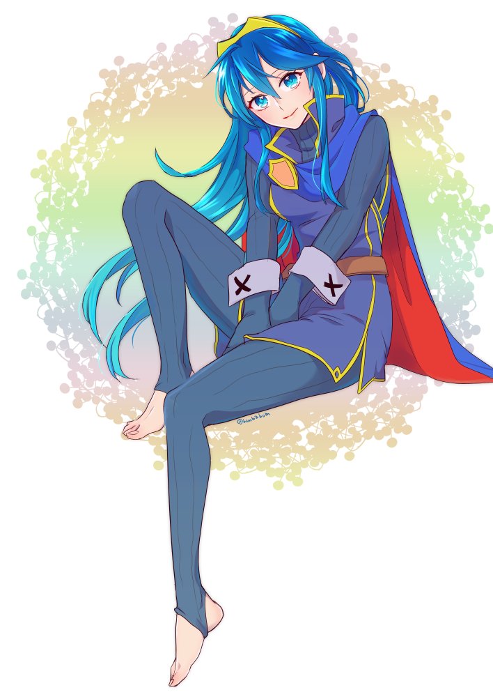 1girl, blue_eyes, blue_hair, cape, feet, female_focus, fire_emblem, fire_emblem_awakening, gloves, long_hair, looking_at_viewer, lucina_(fire_emblem), nintendo, smile, solo, stirrup_legwear, taguchi_(igutiguti), thighhighs, tiara, toeless_legwear