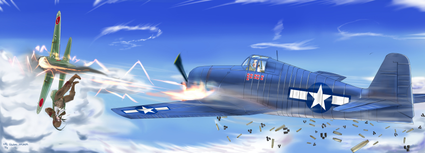 a6m_zero, absurdres, aircraft, airplane, bad_id, bad_pixiv_id, cloud, f6f_hellcat, flying, gloves, gun, highres, imperial_japanese_navy, long_hair, machine_gun, military, military_vehicle, multiple_girls, original, pilot, pilot_suit, propeller_fighter, shiden21gata, sky, vehicle_focus, weapon, world_war_ii