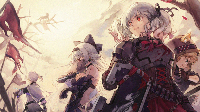 12-gauge, 12-gauge_(2_3/4_inch_shell), 4girls, alternate_costume, alternate_hairstyle, ammunition, animal_ears, armor