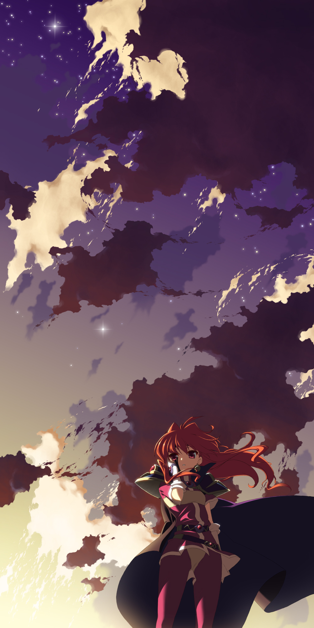 1girl, brown_eyes, brown_hair, cape, cloud, female_focus, hand_on_own_face, highres