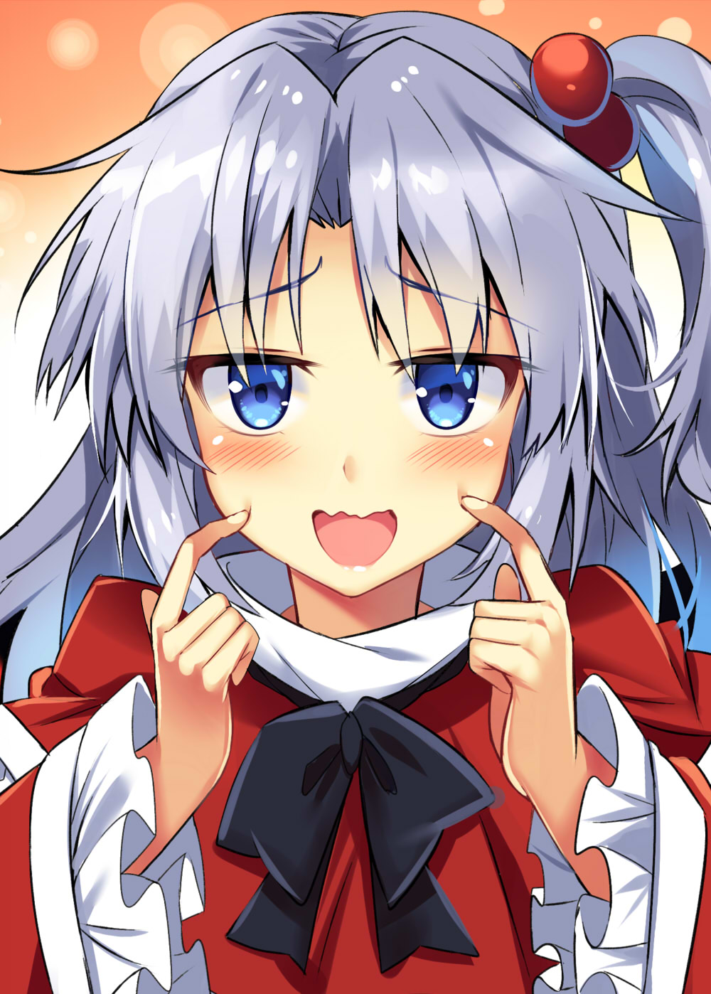 1girl, :d, black_bow, black_bowtie, blue_eyes, bow, bowtie, commentary_request