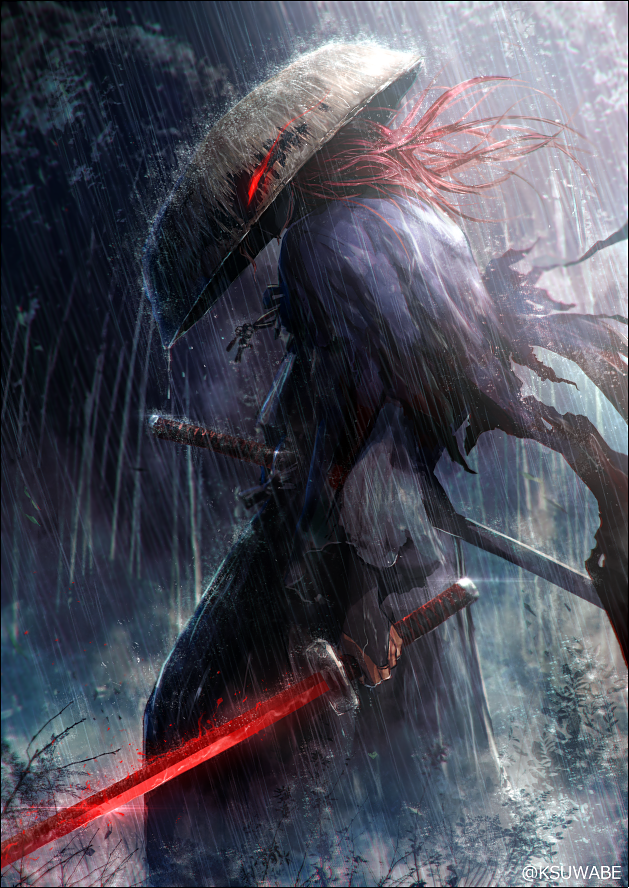 1boy, ajirogasa, fate/grand_order, fate_(series), full_body, hakama, hakama_skirt, hat, holding, holding_sword, holding_weapon, japanese_clothes, k-suwabe, kimono, long_hair, male_focus, okada_izou_(fate), okada_izou_(second_ascension)_(fate), rain, red_eyes, red_hair, sandogasa, skirt, solo, standing, sword, torn_clothes, weapon