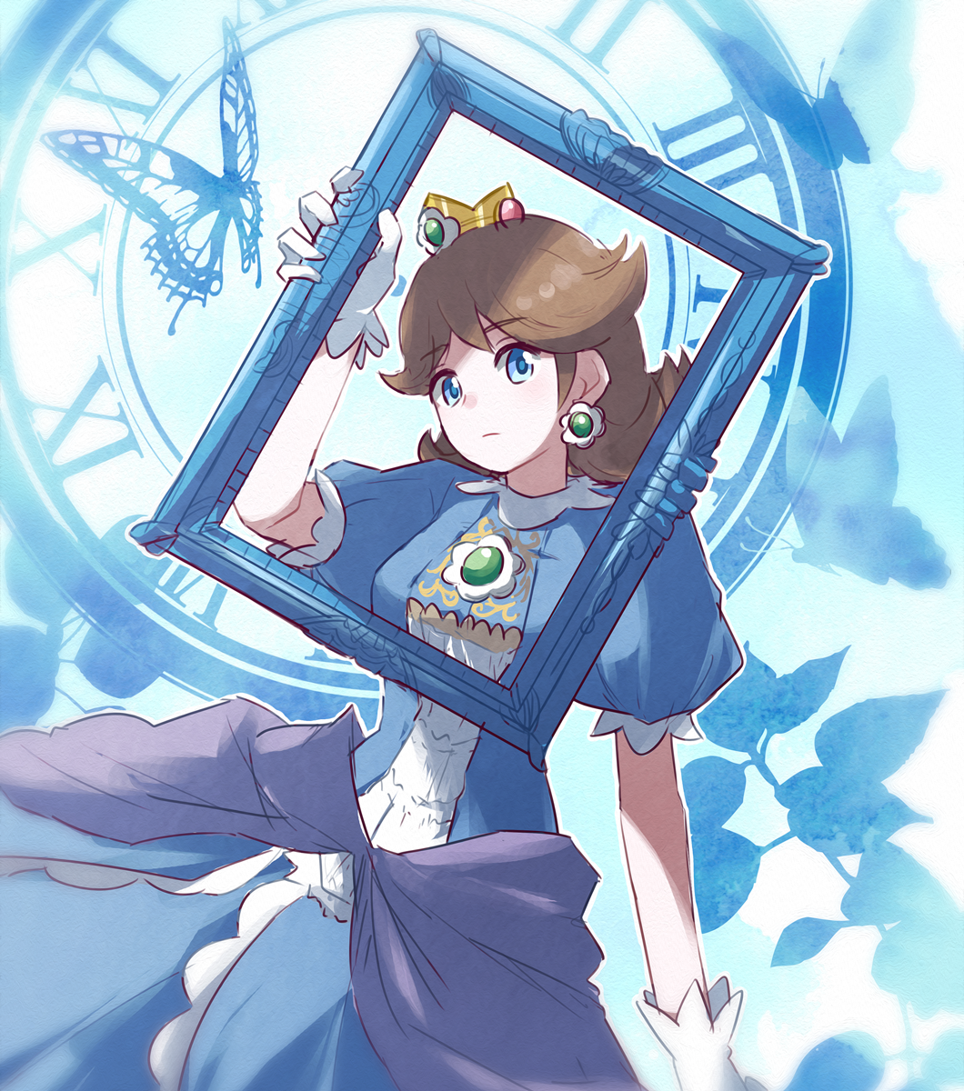 1girl, alternate_color, blue_dress, blue_eyes, brooch, brown_hair, bug, butterfly, clock, closed_mouth, crown, dress, earrings, flipped_hair, flower_earrings, frown, gem, gloves, hand_up, highres, holding, insect, jewelry, mario_(series), medium_hair, missou_shiro, nintendo, outline, princess, princess_daisy, puffy_short_sleeves, puffy_sleeves, roman_numeral, short_sleeves, super_mario_land, super_smash_bros., white_gloves, white_outline