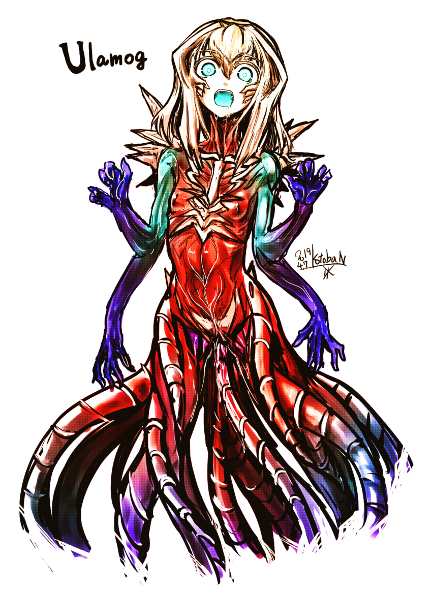 1girl, blonde_hair, blue_eyes, bright_pupils, character_name, colored_skin, commentary_request, dated, eldritch_abomination, extra_arms, female_focus, glowing, glowing_mouth, highres, kotoba_noriaki, looking_at_viewer, magic:_the_gathering, monster_girl, multicolored_skin, open_mouth, personification, signature, simple_background, solo, tentacles, ulamog_the_infinite_gyre, white_background, white_pupils