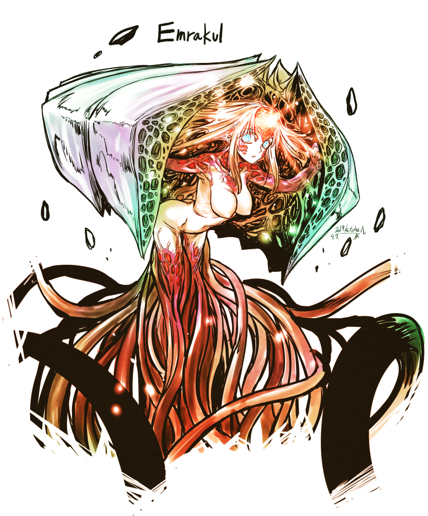 1girl, blonde_hair, blue_eyes, body_horror, character_name, dated, eldritch_abomination, emrakul_the_aeons_torn, female_focus, forehead_jewel, highres, kotoba_noriaki, looking_at_viewer, magic:_the_gathering, monster_girl, parted_lips, personification, signature, solo, tentacles, white_background