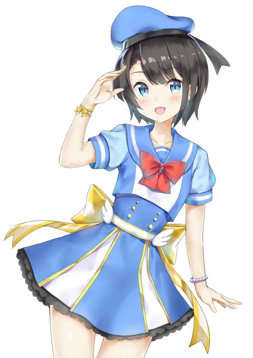 1girl, black_hair, blue_eyes, blue_shirt, blue_skirt, blush, bow, bracelet, collarbone, commentary, cowboy_shot, donald_duck_sailor_hat, female_focus, fuji_noyume, highres, hololive, idol, idol_clothes, jewelry, looking_at_viewer, miniskirt, oozora_subaru, open_mouth, red_bow, salute, shirt, short_hair, short_sleeves, simple_background, skirt, smile, solo, standing, striped_bow, thighs, virtual_youtuber, white_background, yellow_bow
