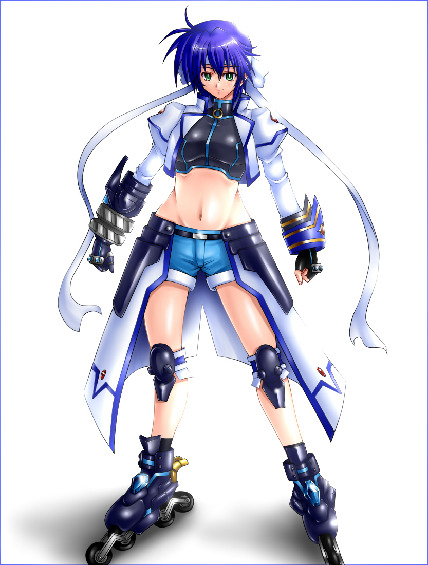 00s, armor, blue_hair, denim, denim_shorts, fingerless_gloves, gao_(artist), gao_(naodayo), gloves, green_eyes, headband, hip_focus, inline_skates, jacket, knee_pads, lyrical_nanoha, mach_caliber, mahou_shoujo_lyrical_nanoha, mahou_shoujo_lyrical_nanoha_strikers, midriff, navel, revolver_knuckle, roller_skates, short_hair, short_shorts, shorts, simple_background, skates, solo, subaru_nakajima, wide_hips