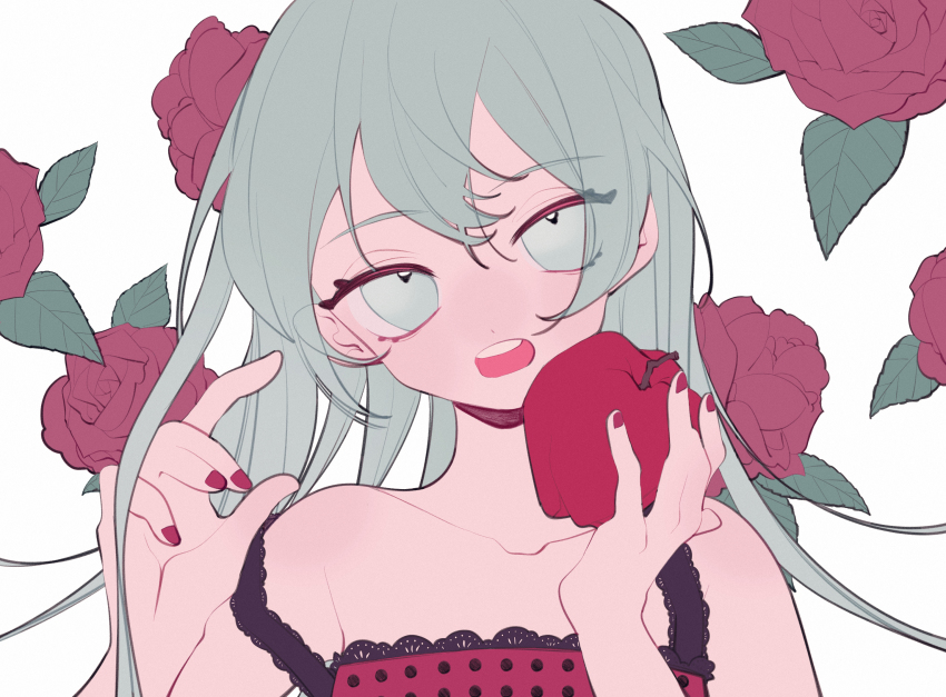 1girl, alternate_hairstyle, apple, aqua_eyes, aqua_hair, bare_shoulders, camisole, collarbone, female_focus, flower, food, fruit, hair_down, half-closed_eyes, hatsune_miku, highres, holding, holding_food, holding_fruit, lace-trimmed_camisole, lace_trim, long_hair, looking_at_viewer, messy_hair, nail_polish, open_mouth, pink_camisole, polka_dot_camisole, red_flower, red_nails, red_rose, romeo_to_cinderella_(vocaloid), rose, solo, vocaloid, yexie_pottle