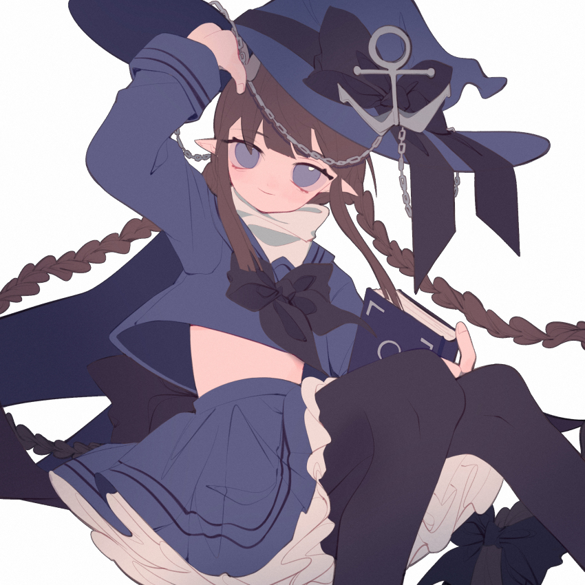 1girl, anchor_hat_ornament, arm_up, blue_eyes, blue_pantyhose, book, bow, braid, brown_hair, clothes_lift, dress, female_focus, frilled_skirt, frills, funamusea, half-closed_eyes, hat, hat_bow, hat_ornament, highres, holding, holding_book, long_hair, midriff_peek, oounabara_to_wadanohara, pantyhose, petticoat, pointy_ears, sailor_dress, sailor_hat, shirt_lift, sidelocks, skirt, smile, solo, tsurime, twin_braids, very_long_hair, wadanohara, witch, witch_hat, yexie_pottle