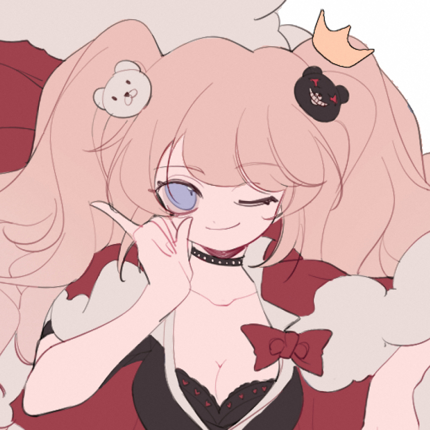 1girl, ;), animal_hair_ornament, bear_hair_ornament, blonde_hair, blue_eyes, breasts, cape, choker, cleavage, collarbone, crown, curly_hair, danganronpa_(series), enoshima_junko, hair_ornament, large_breasts, long_hair, mini_crown, monokuma, necktie, one_eye_closed, pink_hair, royal_robe, school_uniform, smile, twintails, yexie_pottle