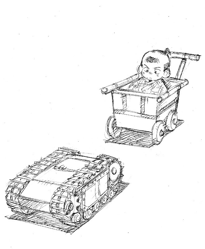 1boy, asari_yoshitoo, baby, child, crossover, explosive, goliath_tracked_mine, graphite_(medium)