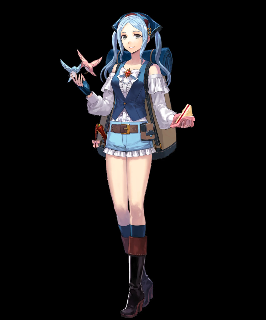 1girl, animal, backpack, bag, belt, bird, black_boots, blue_gloves, blue_hair, blue_shorts, boots, closed_mouth, female_focus, fingerless_gloves, fire_emblem, fire_emblem_fates, fire_emblem_heroes, flora_(fire_emblem), flora_(picnic)_(fire_emblem), food, frills, full_body, gloves, grey_eyes, hakou_(barasensou), high_heels, highres, holding, holding_food, jewelry, knife, long_hair, long_sleeves, looking_at_viewer, nintendo, official_art, parted_lips, ribbon, sandwich, shorts, smile, solo, standing, transparent_background, weapon