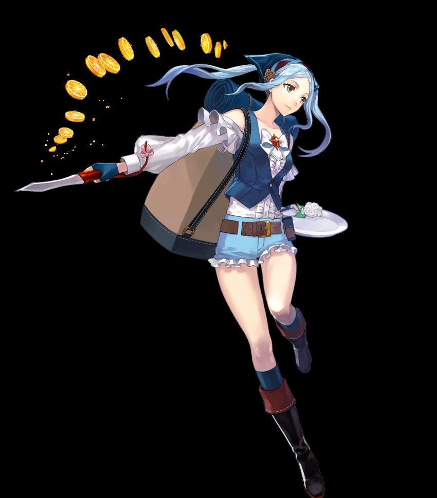1girl, backpack, bag, belt, black_boots, blue_gloves, blue_hair, blue_shorts