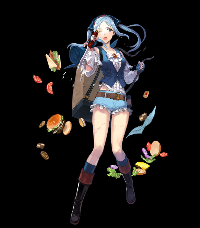 1girl, backpack, bag, belt, black_boots, blue_gloves, blue_hair, blue_legwear