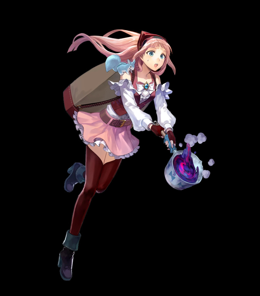 1girl, ankle_boots, backpack, bad_food, bag, belt, black_boots, black_thighhighs