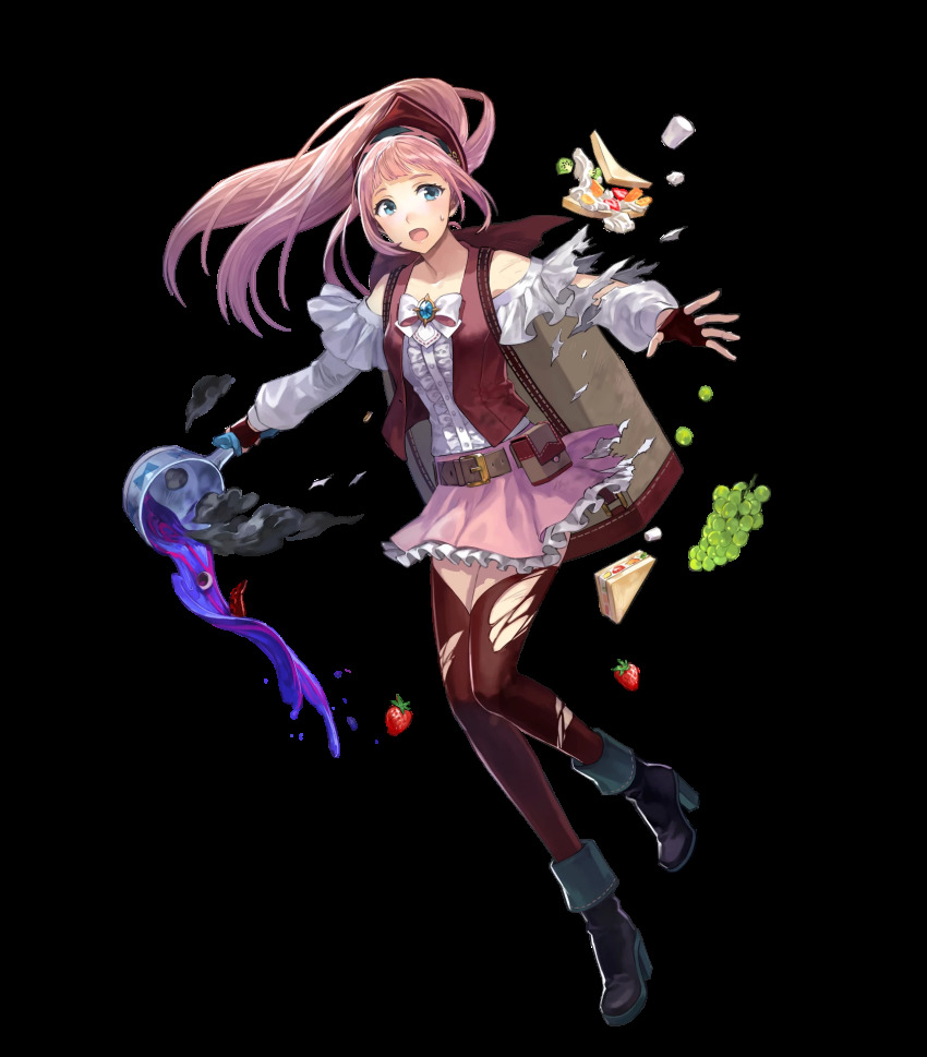 1girl, ankle_boots, backpack, bad_food, bag, belt, black_boots, black_thighhighs