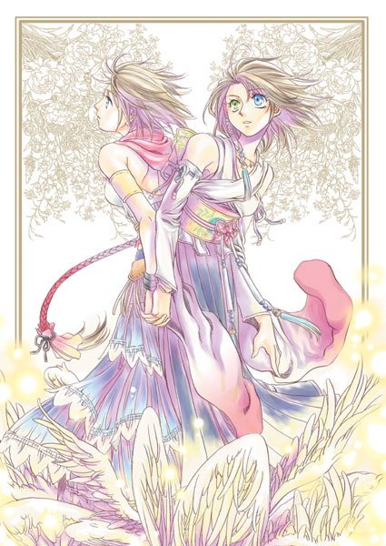 00s, 2girls, art_nouveau, back-to-back, blue_eyes, brown_hair, dual_persona, final_fantasy, final_fantasy_x, final_fantasy_x-2, green_eyes, holding_hands, heterochromia, hood, japanese_clothes, kimagureneko, mana_tohno, multiple_girls, wings, yuna, yuna_(ff10)