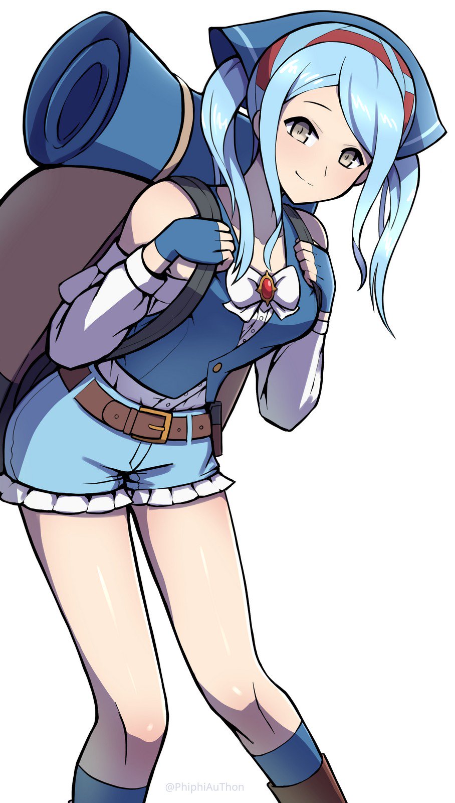 1girl, backpack, bag, bandana, bare_shoulders, belt, blue_gloves, blue_hair