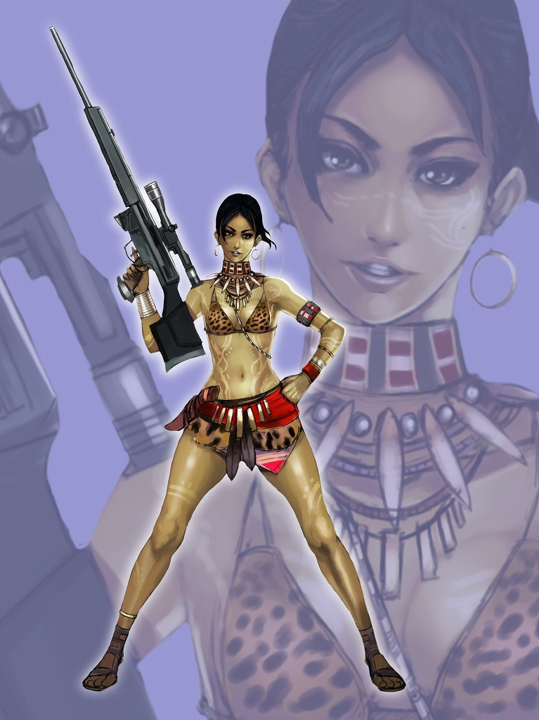 1girl, alternate_costume, animal_print, anklet, bad_id, bad_pixiv_id, bare_shoulders, bikini, bikini_top_only, black_hair, bodypaint, bracelet, breasts, brown_eyes, cleavage, dark-skinned_female, dark_skin, earrings, female_focus, gun, h&amp;k_psg1, hand_on_own_hip, heckler_&amp;_koch, hip_focus, itou_youichi, jewelry, knife, legs, leopard_print, loincloth, machete, medium_breasts, navel, necklace, resident_evil, resident_evil_5, rifle, sandals, scope, sheva_alomar, sheva_alomar_(tribal), short_hair, skirt, smile, sniper_rifle, solo, swimsuit, tattoo, thighs, tribal, weapon, yoichi_soh, zoom_layer
