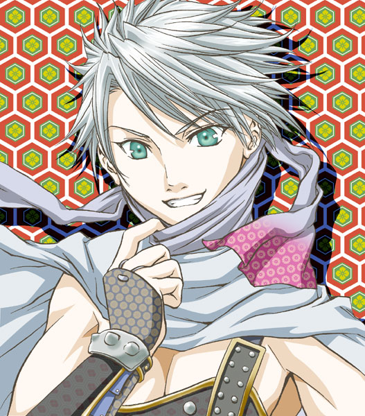 1990s_(style), 1boy, armor, edward_geraldine, final_fantasy, final_fantasy_iv, green_eyes, hanairi_kikkou, hexagon, honeycomb_(pattern), honeycomb_background, honeycomb_pattern, japanese_armor, kimagureneko, kote, male_focus, mana_tohno, ninja, ninja_(final_fantasy), smile, solo, white_hair